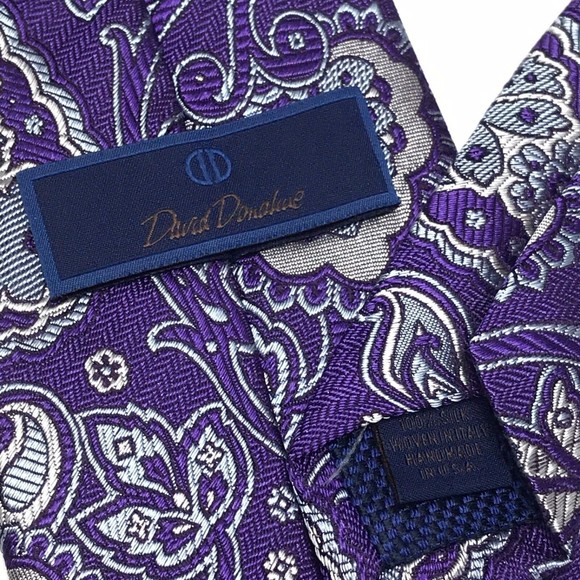 David Donahue Tie Men Silk Purple Light Blue Silver Paisley Necktie Woven Italy - Picture 8 of 12